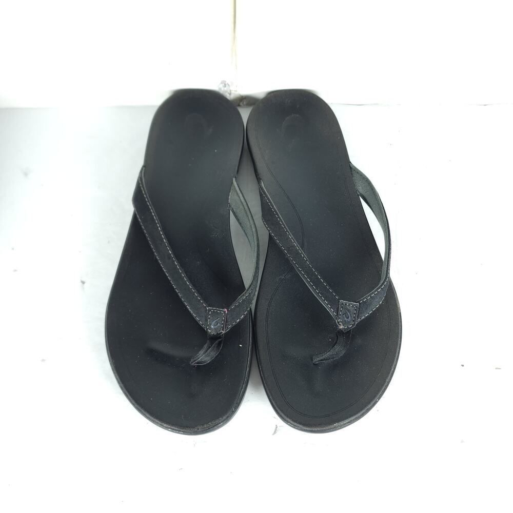 Olukai Women's Hono US8? Black Leather Slip On Flat Thong Flip Flop Sandals - Picture 4 of 16